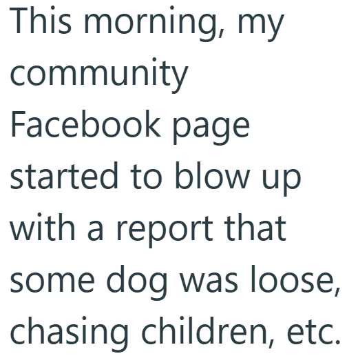 This morning, my community Facebook page started to blow up with a report that some dog was loose, chasing children, etc.