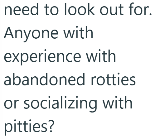 need to look out for. Anyone with experience with abandoned rotties or socializing with pitties?