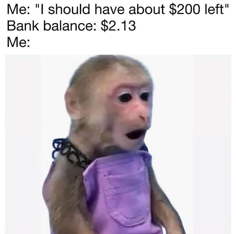 Me: "I should have about $200 left" Bank balance: $2.13 Me: