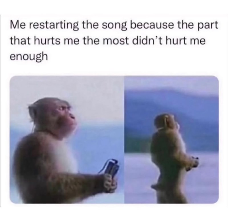 Me restarting the song because the part that hurts me the most didn't hurt me enough