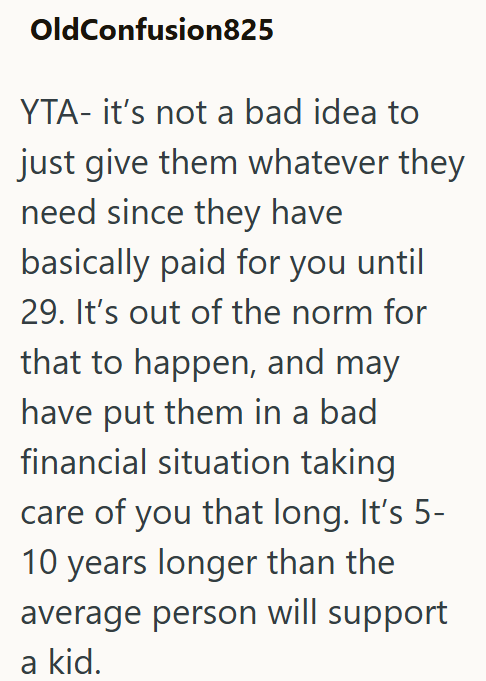 OldConfusion825 YTA- it's not a bad idea to just give them whatever they need since they have basically paid for you until 29. It's out of the norm for that to happen, and may have put them in a bad financial situation taking care of you that long. It's 5- 10 years longer than the average person will support a kid.