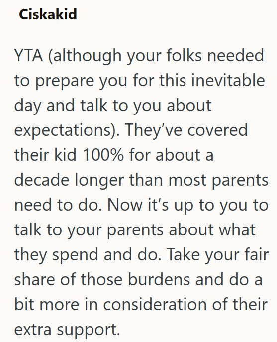 Ciskakid YTA (although your folks needed to prepare you for this inevitable day and talk to you about expectations). They've covered their kid 100% for about a decade longer than most parents need to do. Now it's up to you to talk to your parents about what they spend and do. Take your fair share of those burdens and do a bit more in consideration of their extra support.