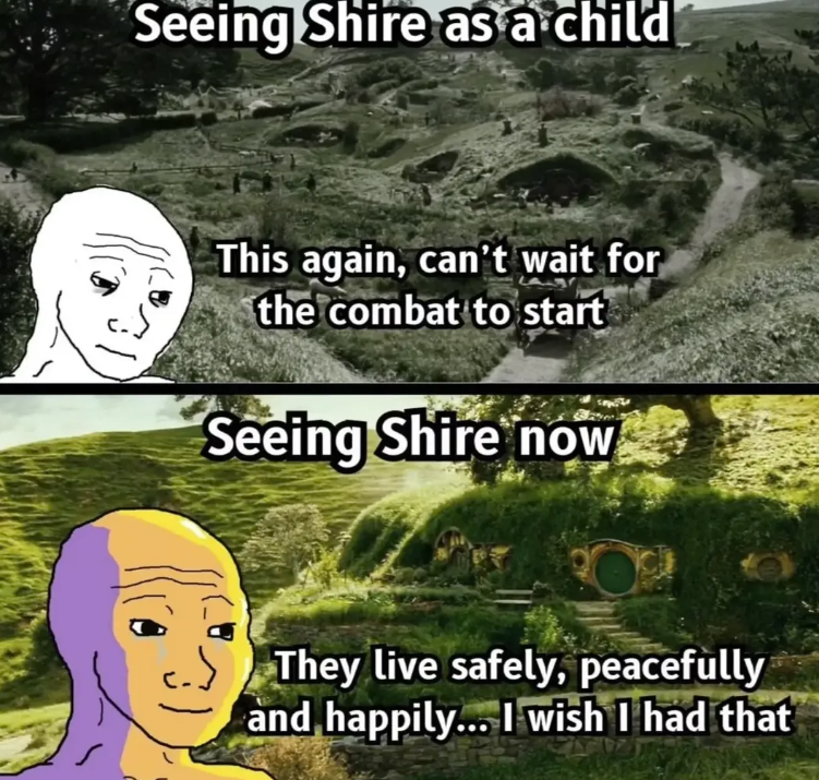 Seeing Shire as a child This again, can't wait for the combat to start Seeing Shire now They live safely, peacefully and happily... I wish I had that