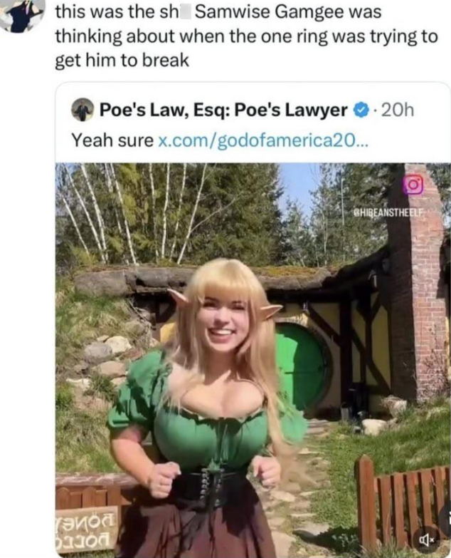 this was the sh Samwise Gamgee was thinking about when the one ring was trying to get him to break Poe's Law, Esq: Poe's Lawyer .20h Yeah sure x.com/godofamerica20... Ο BHIBEANSTHEELF
