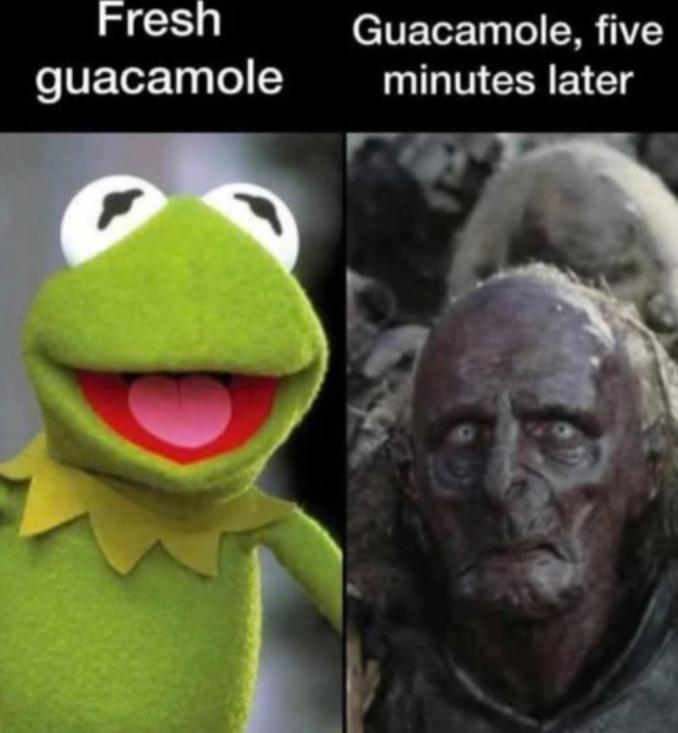 Fresh guacamole Guacamole, five minutes later
