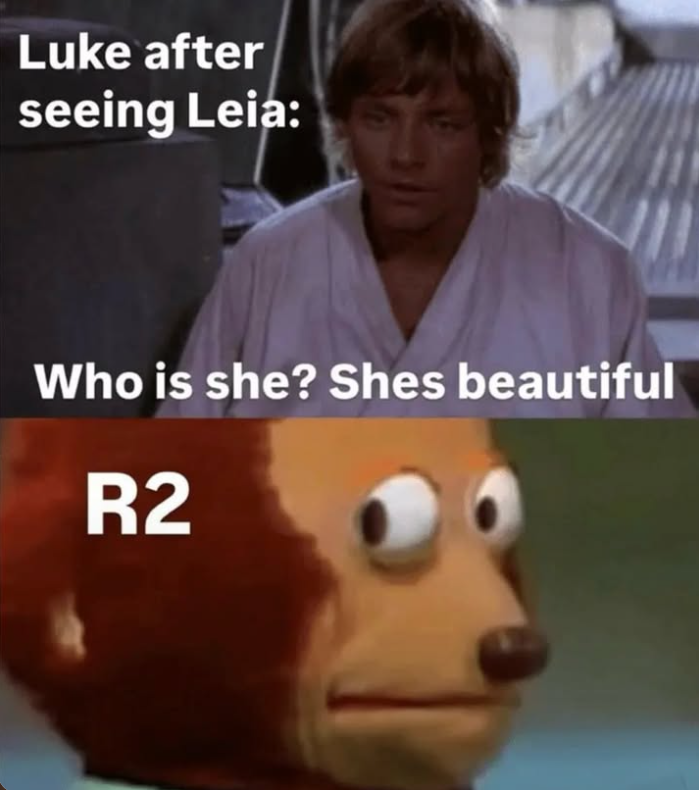 Luke after seeing Leia: Who is she? Shes beautiful R2