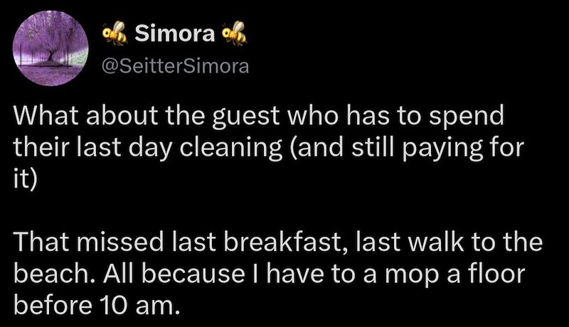 of Simora @SeitterSimora What about the guest who has to spend their last day cleaning (and still paying for it) That missed last breakfast, last walk to the beach. All because I have to a mop a floor before 10 am.