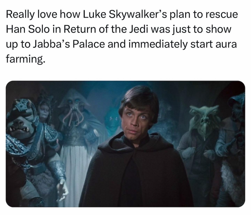Really love how Luke Skywalker's plan to rescue Han Solo in Return of the Jedi was just to show up to Jabba's Palace and immediately start aura farming.