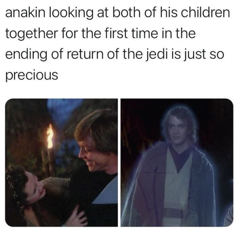 anakin looking at both of his children together for the first time in the ending of return of the jedi is just so precious