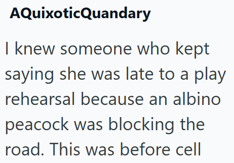 AQuixoticQuandary I knew someone who kept saying she was late to a play rehearsal because an albino peacock was blocking the road. This was before cell