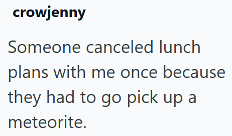 crowjenny Someone canceled lunch plans with me once because they had to go pick up a meteorite.