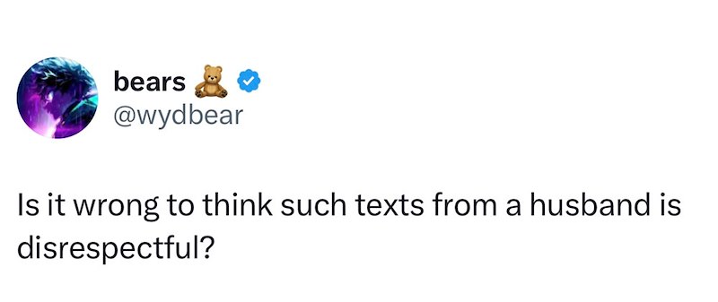 bears ✰✰ @wydbear Is it wrong to think such texts from a husband is disrespectful?