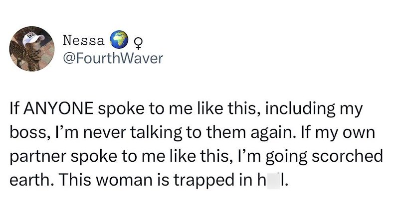 Nessa 오 @FourthWaver If ANYONE spoke to me like this, including my boss, I'm never talking to them again. If my own partner spoke to me like this, I'm going scorched earth. This woman is trapped in hol.