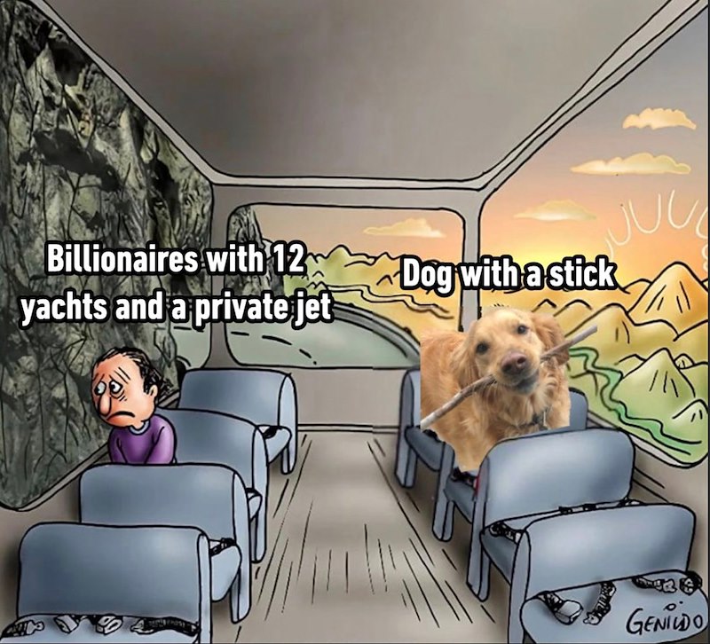 Billionaires with 12 yachts and a private jet Dog with a stick GENILDO