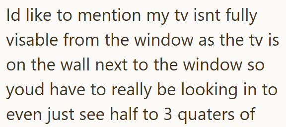 Id like to mention my tv isnt fully visable from the window as the tv is on the wall next to the window so youd have to really be looking in to even just see half to 3 quaters of