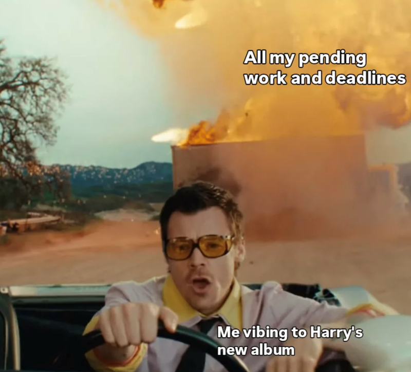 All my pending work and deadlines Me vibing to Harry's new album