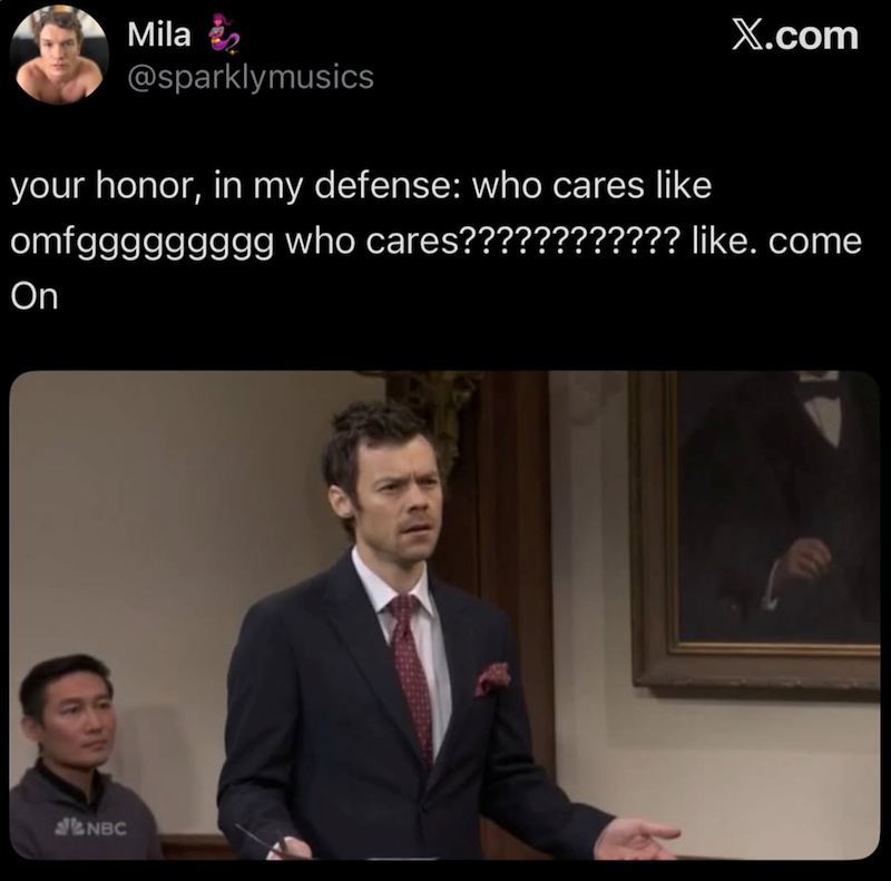 Mila X.com @sparklymusics your honor, in my defense: who cares like omfggggggggg who cares???????????? like. come On S&NBC