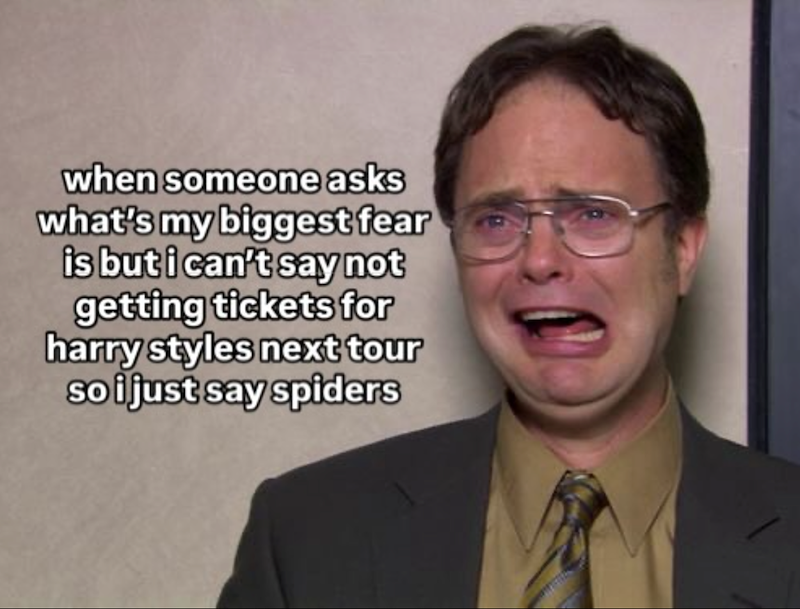 when someone asks what's my biggest fear is but i can't say not getting tickets for harry styles next tour so i just say spiders
