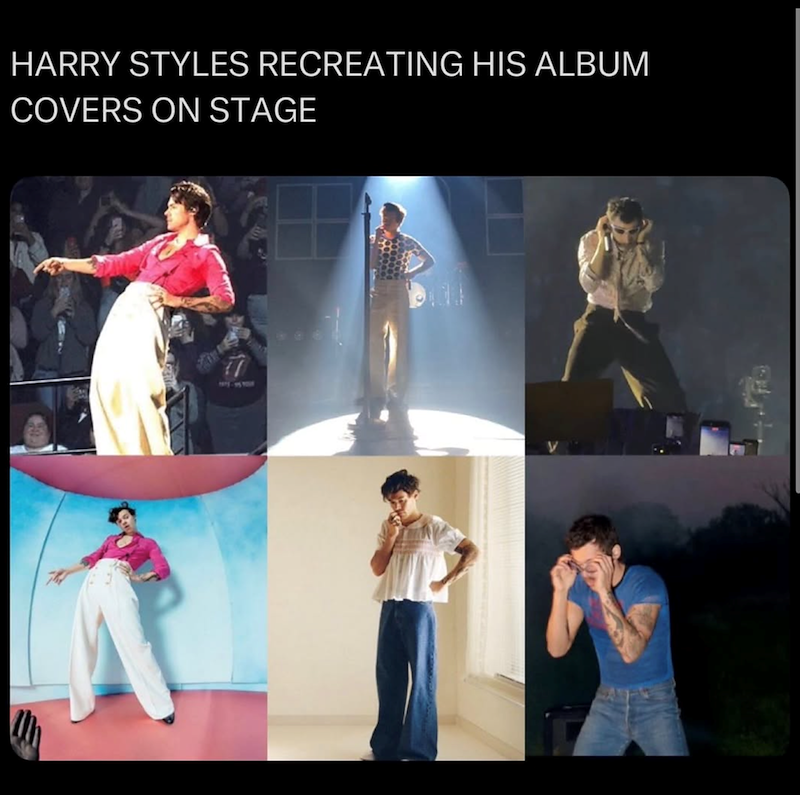 HARRY STYLES RECREATING HIS ALBUM COVERS ON STAGE