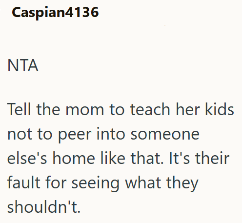 Caspian4136 ΝΤΑ Tell the mom to teach her kids not to peer into someone else's home like that. It's their fault for seeing what they shouldn't.