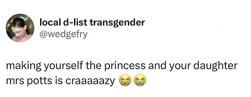 local d-list transgender @wedgefry making yourself the princess and your daughter mrs potts is craaaaazy