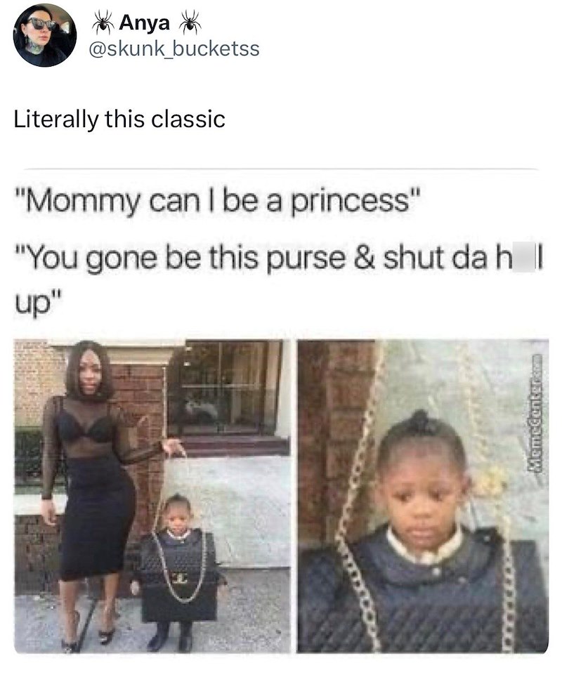 ☑Anya ☑ @skunk_bucketss Literally this classic "Mommy can I be a princess" "You gone be this purse & shut da h | up" MemeCenter.com