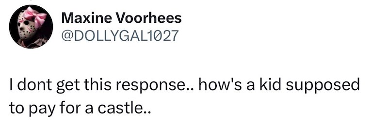 Maxine Voorhees @DOLLYGAL1027 I dont get this response.. how's a kid supposed to pay for a castle..
