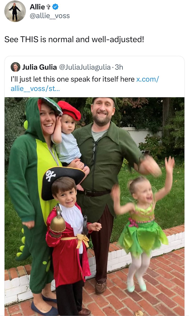 Allie + @allie_voss See THIS is normal and well-adjusted! Julia Gulia @JuliaJuliagulia.3h I'll just let this one speak for itself here x.com/ allie_voss/st...