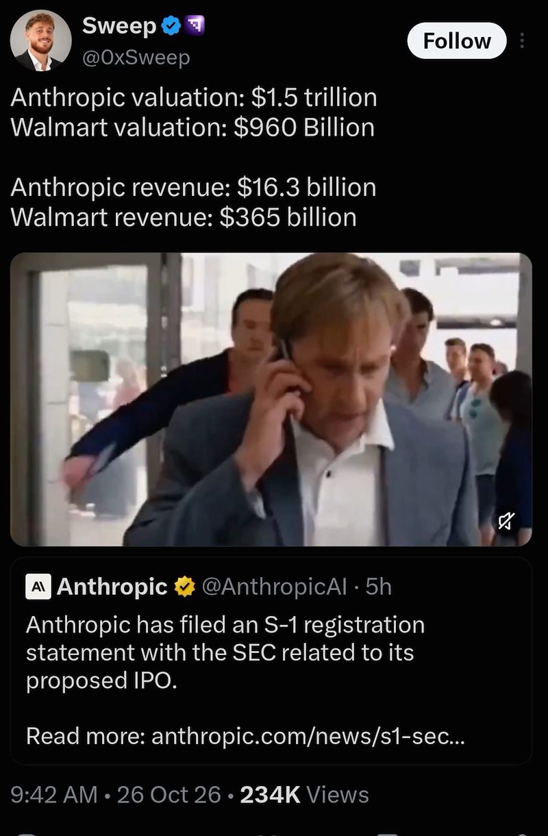 Sweep @OxSweep Anthropic valuation: $1.5 trillion Walmart valuation: $960 Billion Anthropic revenue: $16.3 billion Walmart revenue: $365 billion A Anthropic Follow @Anthropical • 5h א Anthropic has filed an S-1 registration statement with the SEC related to its proposed IPO. Read more: anthropic.com/news/s1-sec... 9:42 AM 26 Oct 26. 234K Views •