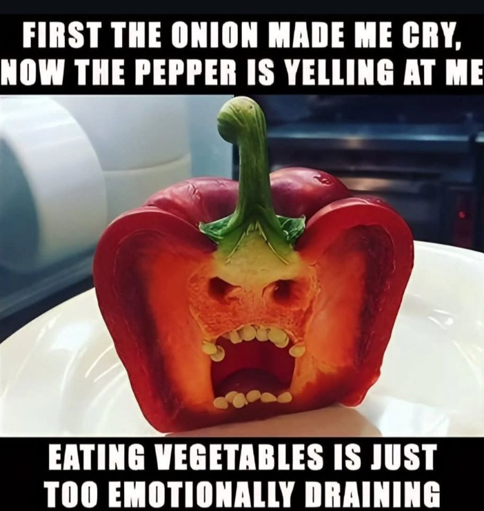 FIRST THE ONION MADE ME CRY, NOW THE PEPPER IS YELLING AT ME EATING VEGETABLES IS JUST TOO EMOTIONALLY DRAINING