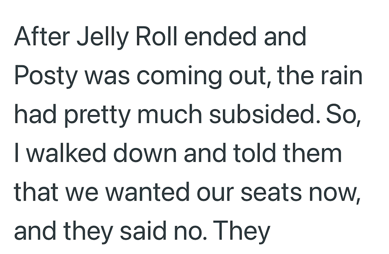 After Jelly Roll ended and Posty was coming out, the rain had pretty much subsided. So, I walked down and told them that we wanted our seats now, and they said no. They
