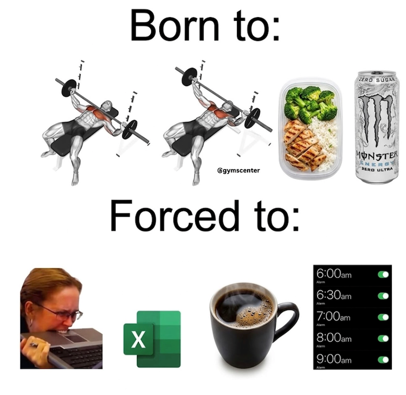 Born to: @gymscenter Forced to: X 6:00am Alarm 6:30am Alam 7:00am Alam 8:00am Alam 9:00am Alam ZERO SUGAR MONSTER NERG BERD ULTRA