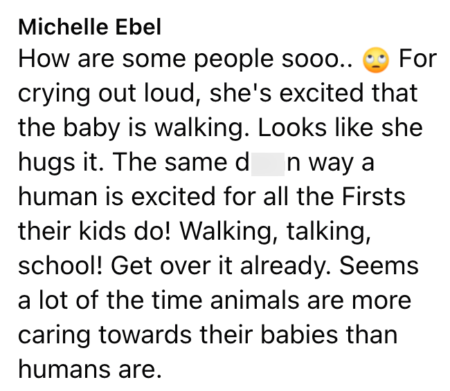 Michelle Ebel How are some people sooo.. For crying out loud, she's excited that the baby is walking. Looks like she hugs it. The same d n way a human is excited for all the Firsts their kids do! Walking, talking, school! Get over it already. Seems a lot of the time animals are more caring towards their babies than humans are.