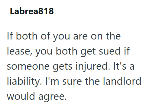 Labrea818 If both of you are on the lease, you both get sued if someone gets injured. It's a liability. I'm sure the landlord would agree.