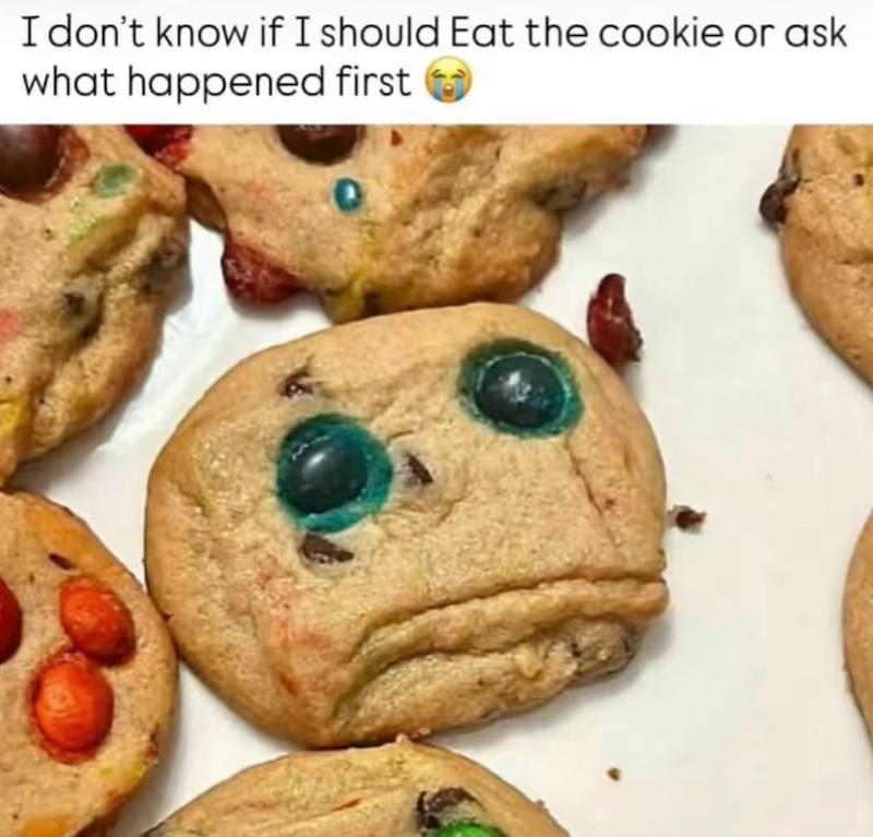 I don't know if I should Eat the cookie or ask what happened first