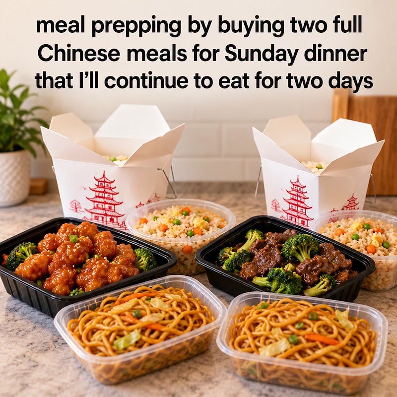 meal prepping by buying two full Chinese meals for Sunday dinner that I'll continue to eat for two days