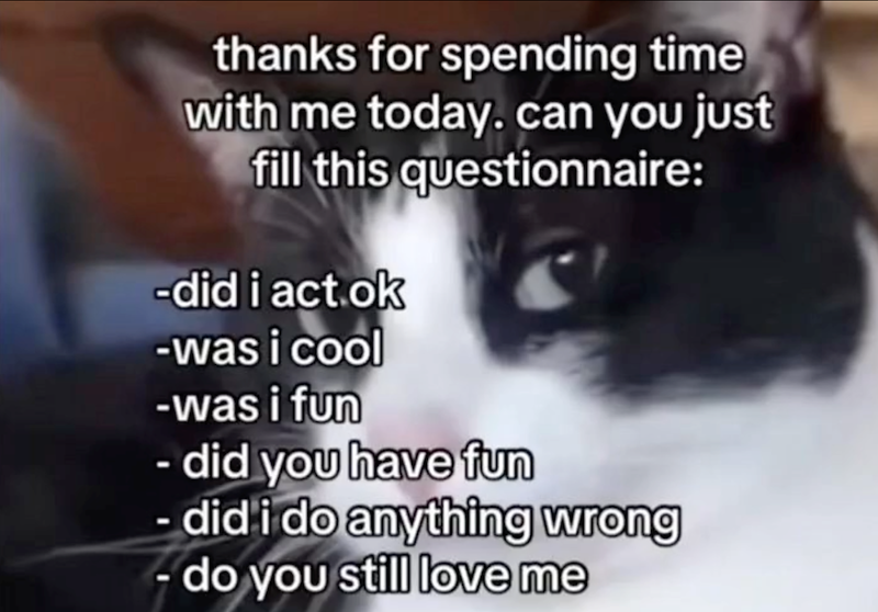 thanks for spending time with me today. can you just fill this questionnaire: -did i act.ok -was i cool -was i fun - did you have fun - did i do anything wrong do you still love me