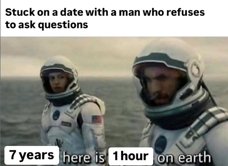 Stuck on a date with a man who refuses to ask questions 7 years here is 1 hour on earth