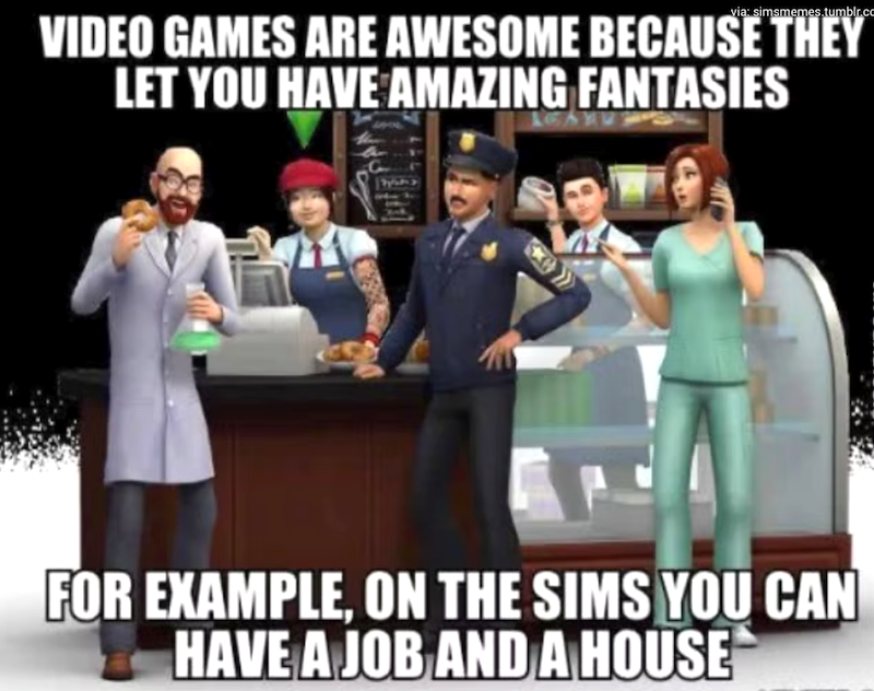 via: simsmemes.tumblr.co VIDEO GAMES ARE AWESOME BECAUSE THEY LET YOU HAVE AMAZING FANTASIES FOR EXAMPLE, ON THE SIMS YOU CAN HAVE A JOB AND A HOUSE