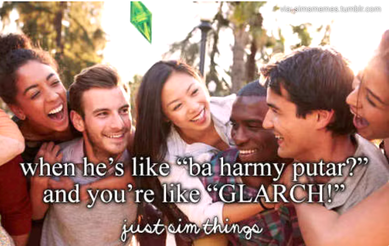 via, simsmemes.tumblr.com when he's like "ba harmy putar?" and you're like "GLARCH!" just sim things