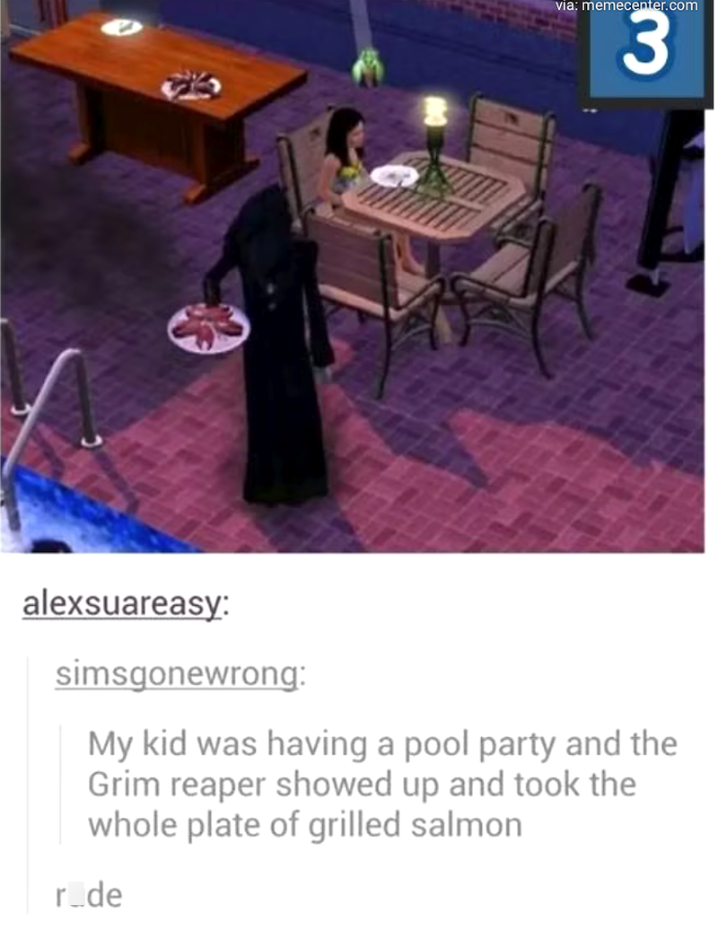 via: memecenter.com 3 alexsuareasy: simsgonewrong: My kid was having a pool party and the Grim reaper showed up and took the whole plate of grilled salmon rude
