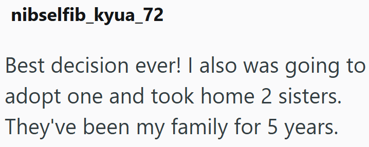nibselfib_kyua_72 Best decision ever! I also was going to adopt one and took home 2 sisters. They've been my family for 5 years.
