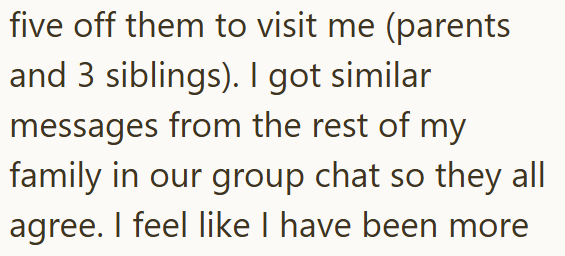 five off them to visit me (parents and 3 siblings). I got similar messages from the rest of my family in our group chat so they all agree. I feel like I have been more