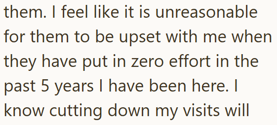 them. I feel like it is unreasonable for them to be upset with me when they have put in zero effort in the past 5 years I have been here. I know cutting down my visits will