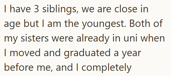I have 3 siblings, we are close in age but I am the youngest. Both of my sisters were already in uni when I moved and graduated a year before me, and I completely