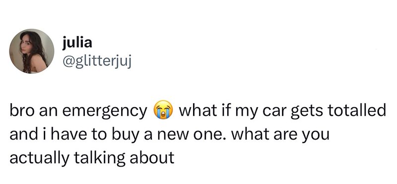 julia @glitterjuj bro an emergency what if my car gets totalled and i have to buy a new one. what are you actually talking about