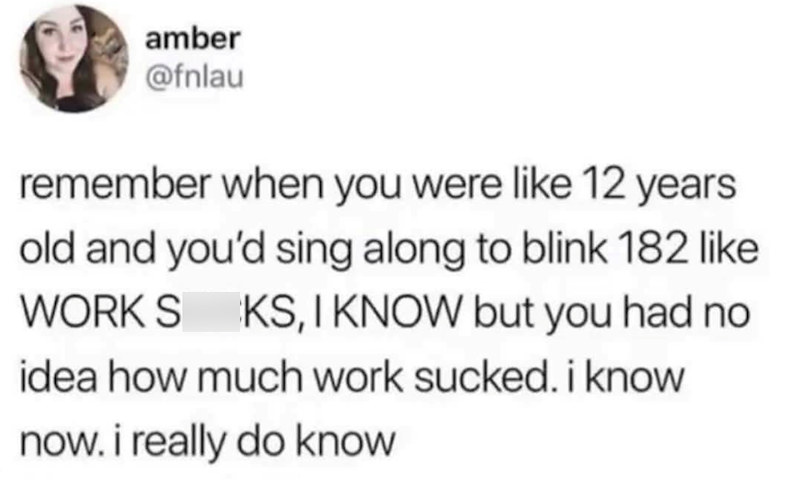amber @fnlau remember when you were like 12 years old and you'd sing along to blink 182 like WORKS KS, I KNOW but you had no idea how much work sucked. i know now. i really do know