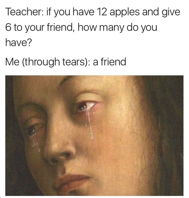 Teacher: if you have 12 apples and give 6 to your friend, how many do you have? Me (through tears): a friend