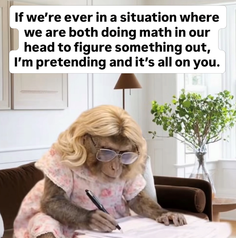 If we're ever in a situation where we are both doing math in our head to figure something out, I'm pretending and it's all on you.