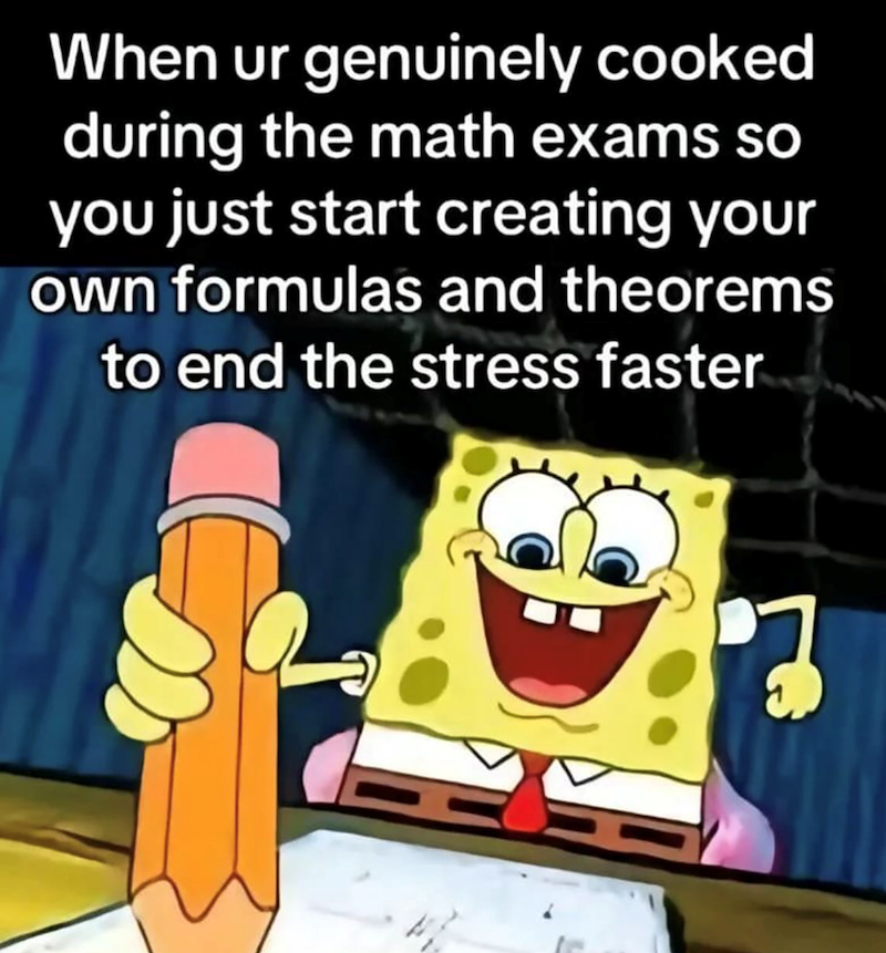 When ur genuinely cooked during the math exams so you just start creating your own formulas and theorems to end the stress faster